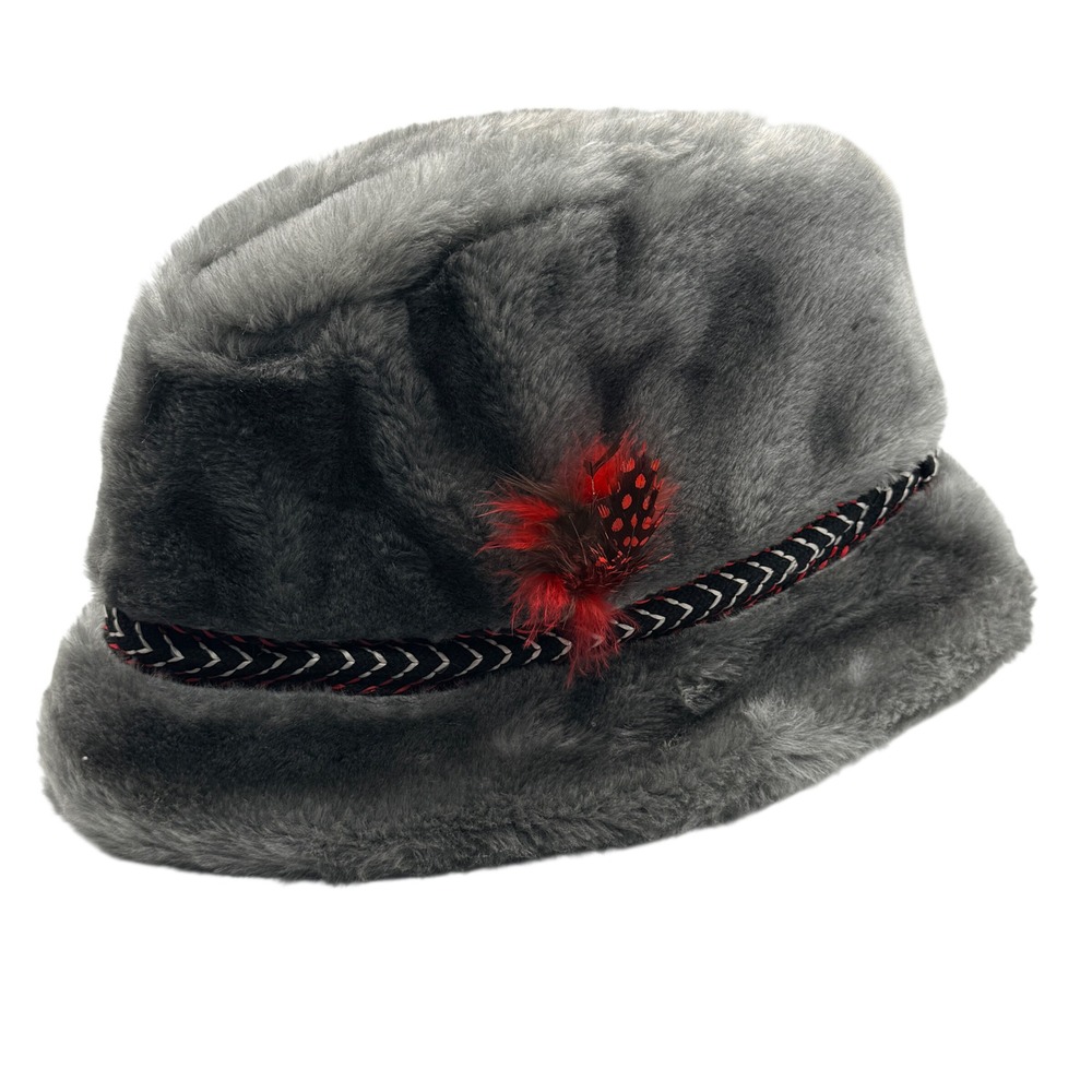 Vintage Faux Fur Fedora Hat Red Feather Accent Grey Medium USA Made Mens